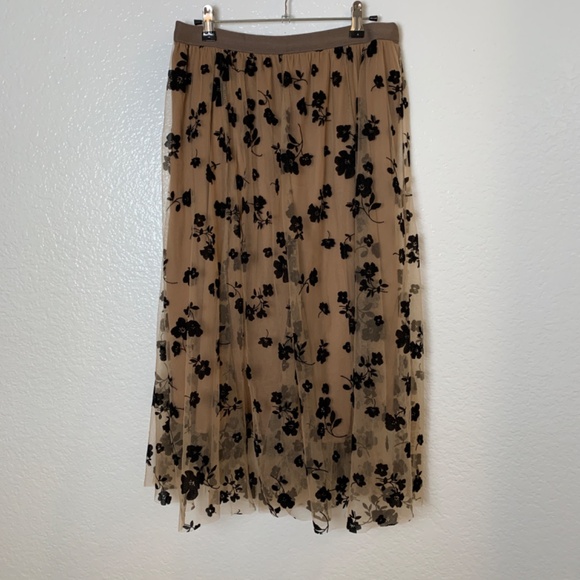 Burnout Velvet Layered Mesh Midi Skirt M Caramel Brown Black Floral Fairy Core - Picture 7 of 12